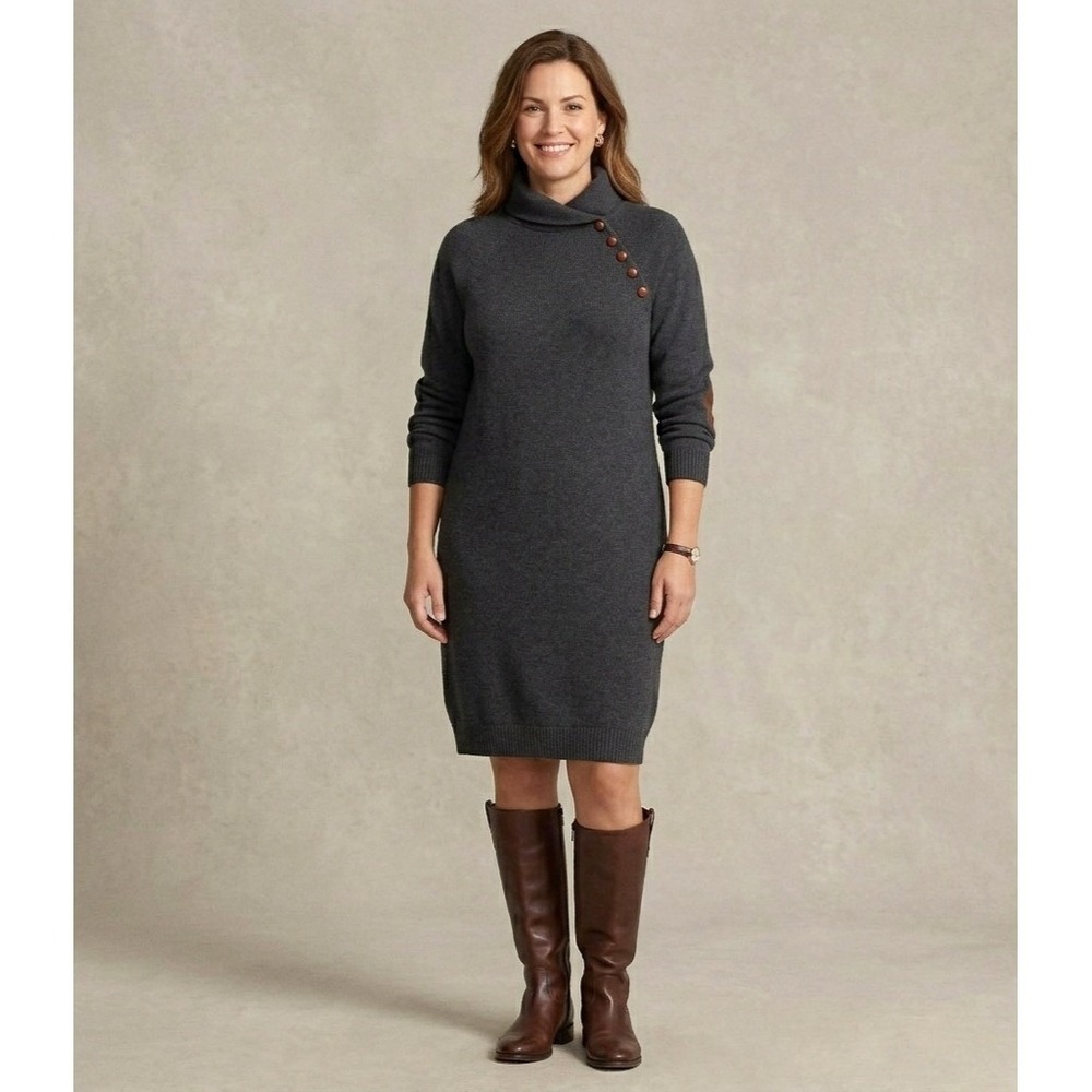 Lauren Ralph Lauren Sweater Dress Size L Gray Leather Elbow Patch